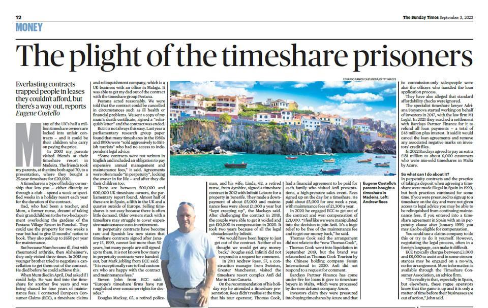 The plight of timeshare prisoners freed by ECC as featured in the Sunday Times