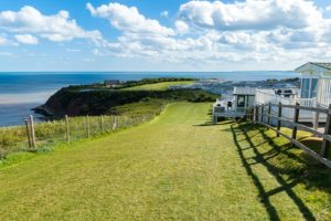 white wooden house on green grass field near body of water during daytime